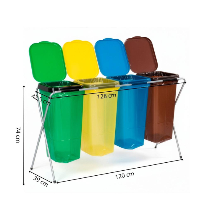Cos de gunoi selectiv cu 4 compartimente, cadru metalic si capace PP, 128x42x74 cm [25]