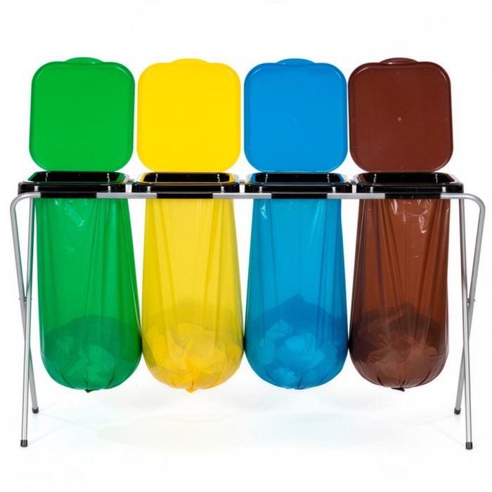 Cos de gunoi selectiv cu 4 compartimente, cadru metalic si capace PP, 128x42x74 cm [23]