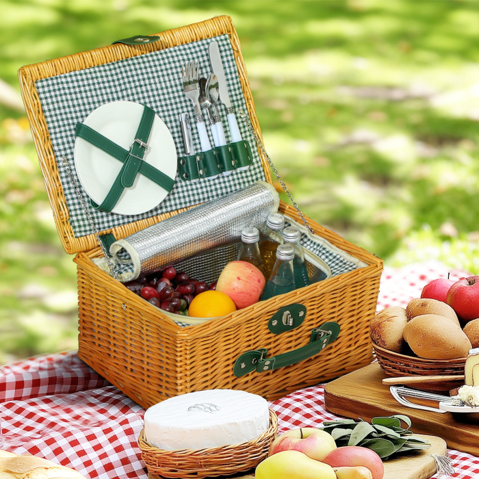  Cos de Picnic din Rachita pentru 2 Persoane cu Zona Frigorifica si Vesela, 40x30x20 cm, Maro Deschis [2]