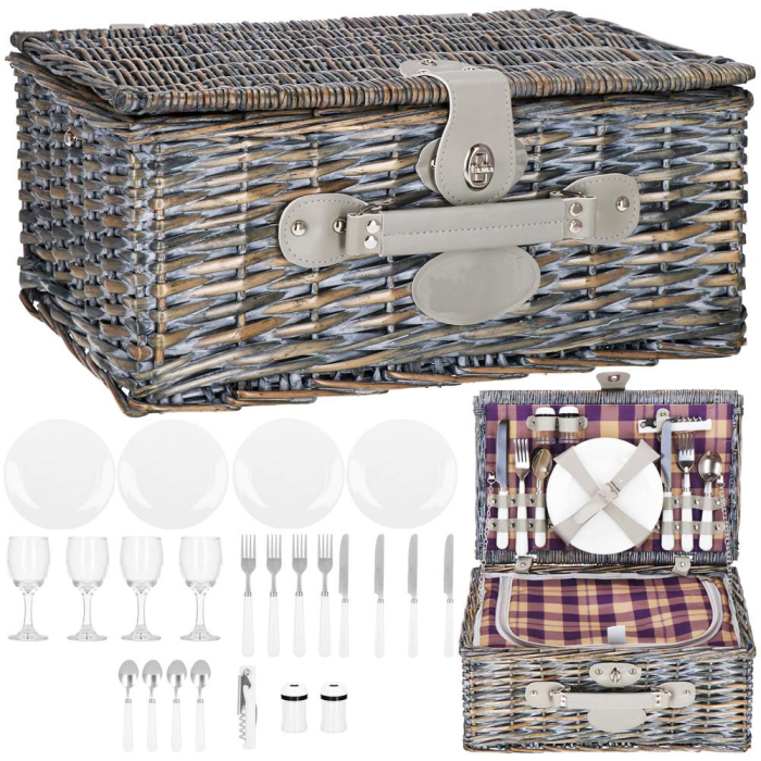 Cos de picnic echipat pentru 4 persoane Deluxe, din rachita, cu vesela si tacamuri, izolat termic, gri [7]