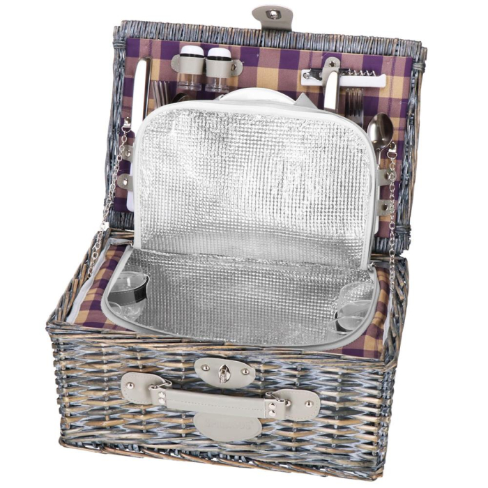 Cos de picnic echipat pentru 4 persoane Deluxe, din rachita, cu vesela si tacamuri, izolat termic, gri [5]
