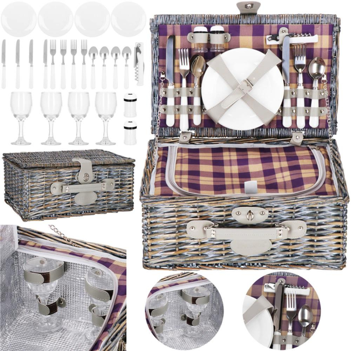 Cos de picnic echipat pentru 4 persoane Deluxe, din rachita, cu vesela si tacamuri, izolat termic, gri [3]
