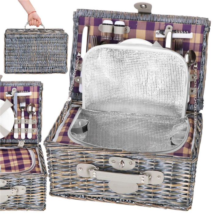 Cos de picnic echipat pentru 4 persoane Deluxe, din rachita, cu vesela si tacamuri, izolat termic, gri [2]