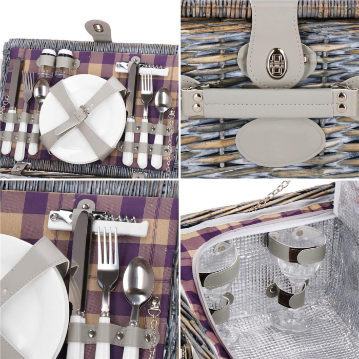 Cos de picnic echipat pentru 4 persoane Deluxe, din rachita, cu vesela si tacamuri, izolat termic, gri [21]