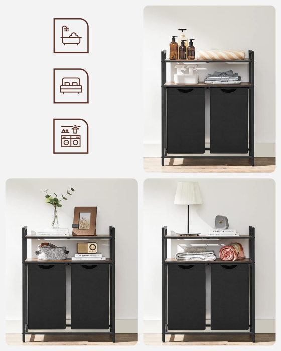 Cos de rufe, cu 2 saci detasabili, 2 rafturi, capacitate de 46L per sac, 73x33x72cm , maro rustic si negru [3]