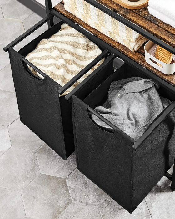 Cos de rufe, cu 2 saci detasabili, 2 rafturi, capacitate de 46L per sac, 73x33x72cm , maro rustic si negru [10]