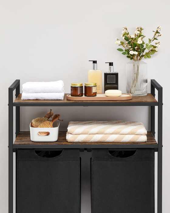 Cos de rufe, cu 2 saci detasabili, 2 rafturi, capacitate de 46L per sac, 73x33x72cm , maro rustic si negru [7]