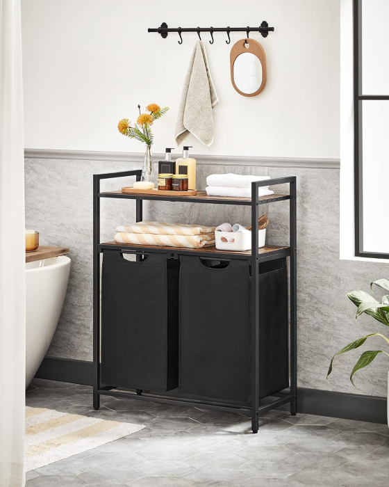 Cos de rufe, cu 2 saci detasabili, 2 rafturi, capacitate de 46L per sac, 73x33x72cm , maro rustic si negru [8]