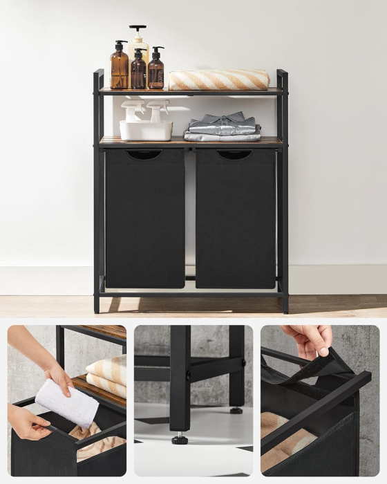 Cos de rufe, cu 2 saci detasabili, 2 rafturi, capacitate de 46L per sac, 73x33x72cm , maro rustic si negru [5]