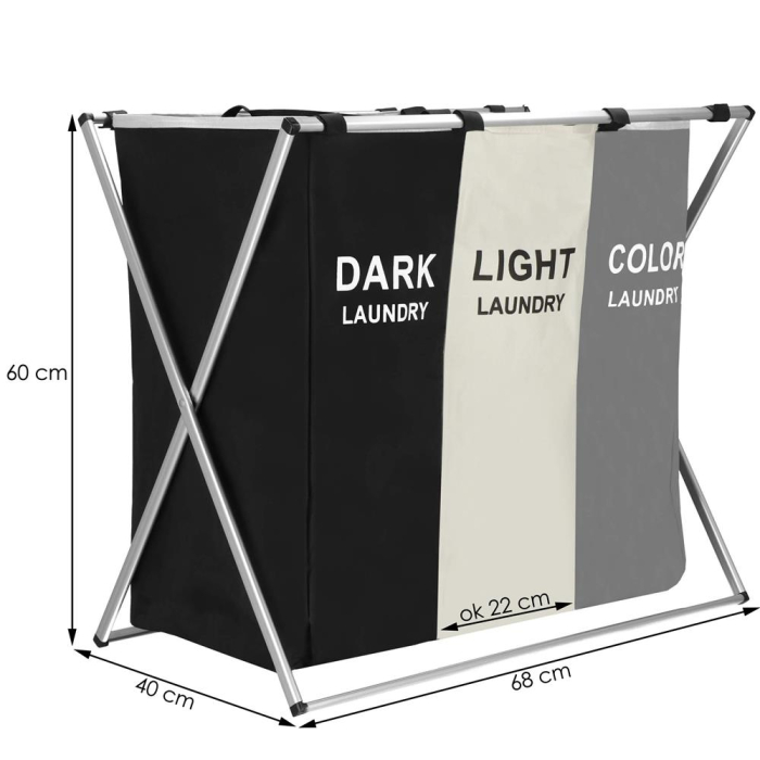 Cos de rufe cu 3 compartimente, cadru aluminiu, 68x40x60cm, 146 litri [14]