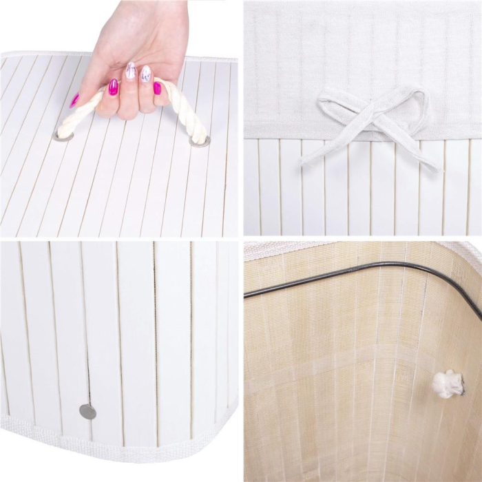 Cos de rufe cu capac, din bambus cu sac textil detasabil, 72 litri, 40x28x60 cm, alb [5]