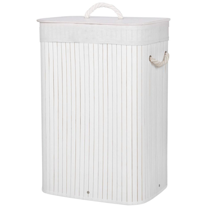 Cos de rufe cu capac, din bambus cu sac textil detasabil, 72 litri, 40x28x60 cm, alb [10]