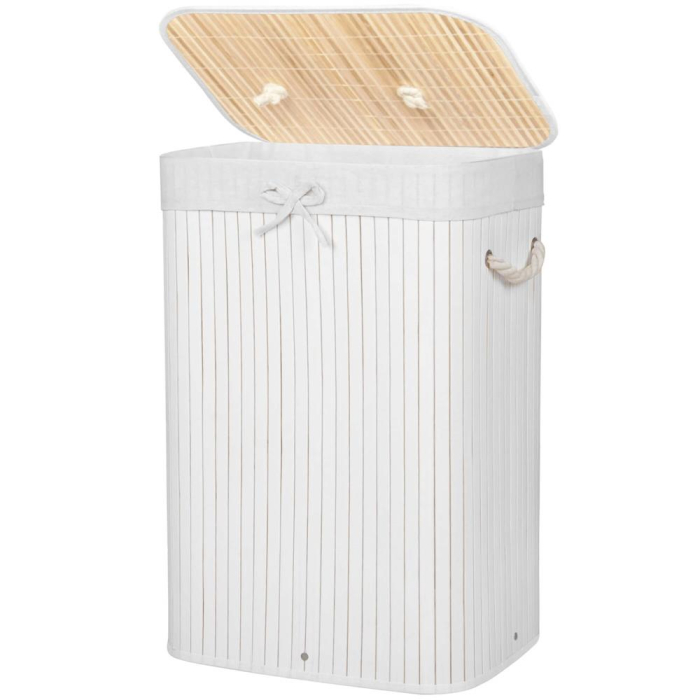 Cos de rufe cu capac, din bambus cu sac textil detasabil, 72 litri, 40x28x60 cm, alb [7]