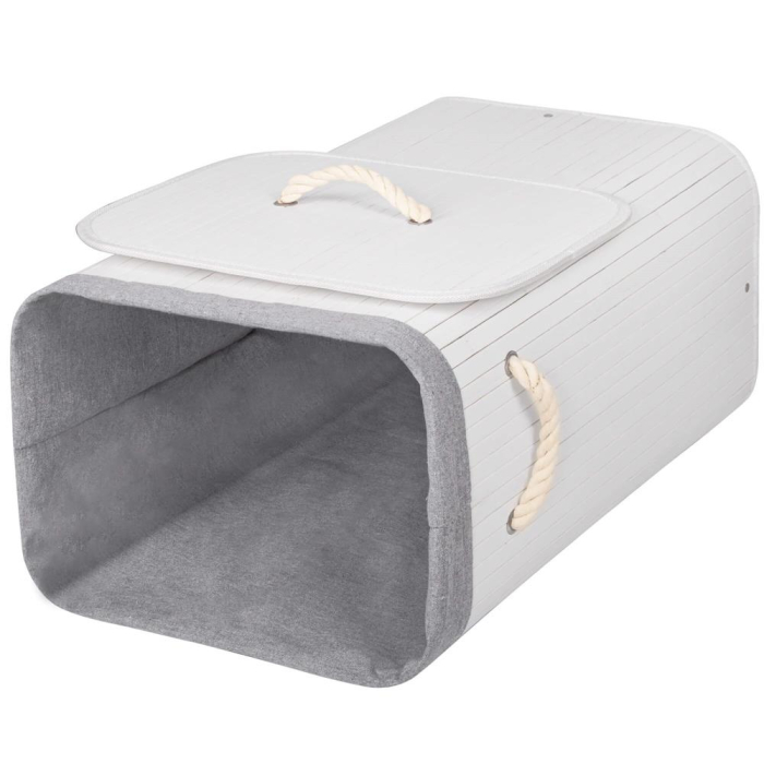 Cos de rufe cu capac, din bambus cu sac textil detasabil, 72 litri, 40x28x60 cm, alb si gri [4]