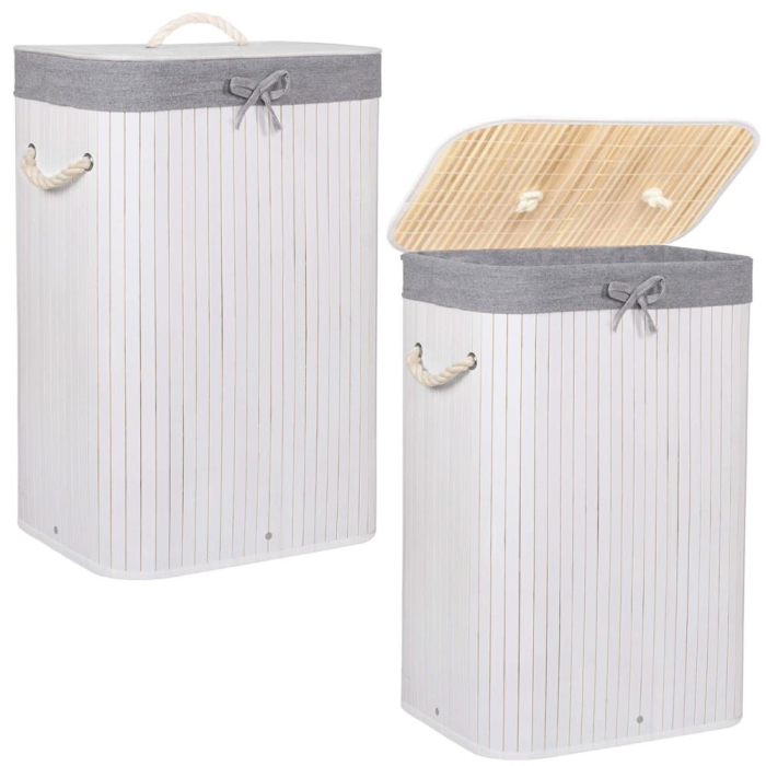 Cos de rufe cu capac, din bambus cu sac textil detasabil, 72 litri, 40x28x60 cm, alb si gri [10]