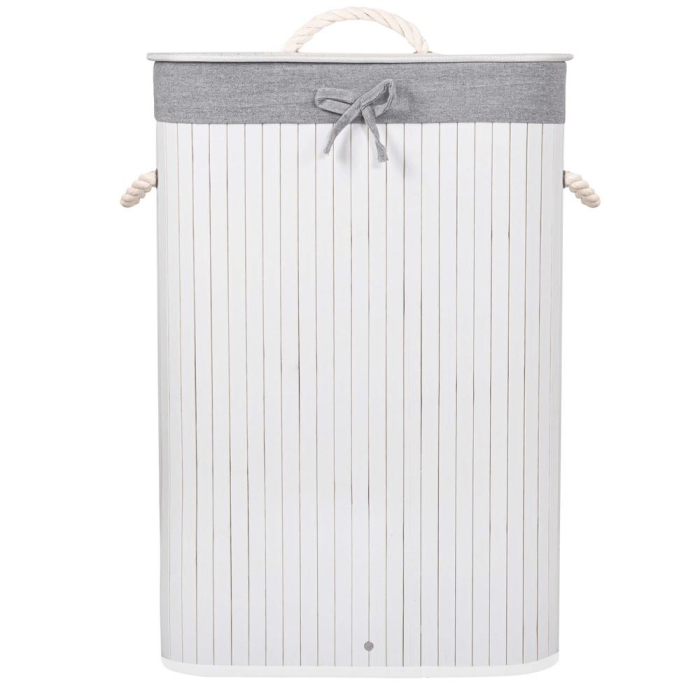 Cos de rufe cu capac, din bambus cu sac textil detasabil, 72 litri, 40x28x60 cm, alb si gri [7]
