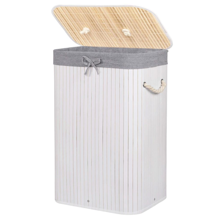 Cos de rufe cu capac, din bambus cu sac textil detasabil, 72 litri, 40x28x60 cm, alb si gri [9]
