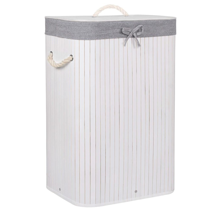 Cos de rufe cu capac, din bambus cu sac textil detasabil, 72 litri, 40x28x60 cm, alb si gri [11]