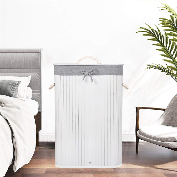 Cos de rufe cu capac, din bambus cu sac textil detasabil, 72 litri, 40x28x60 cm, alb si gri [2]