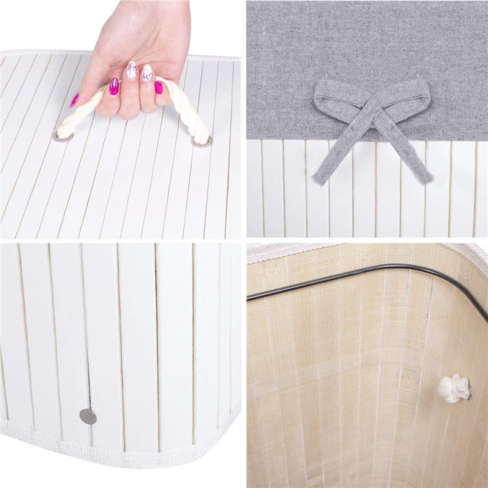 Cos de rufe cu capac, din bambus cu sac textil detasabil, 72 litri, 40x28x60 cm, alb si gri [6]