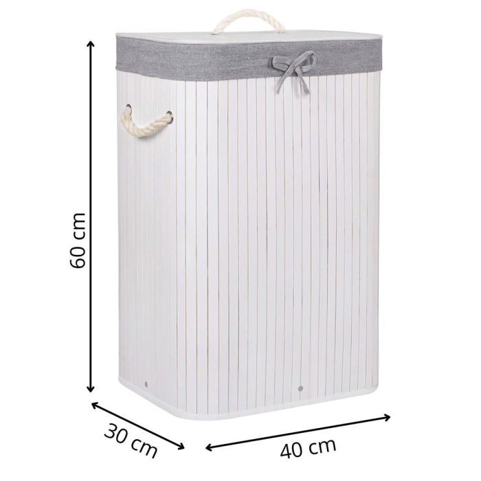 Cos de rufe cu capac, din bambus cu sac textil detasabil, 72 litri, 40x28x60 cm, alb si gri [13]