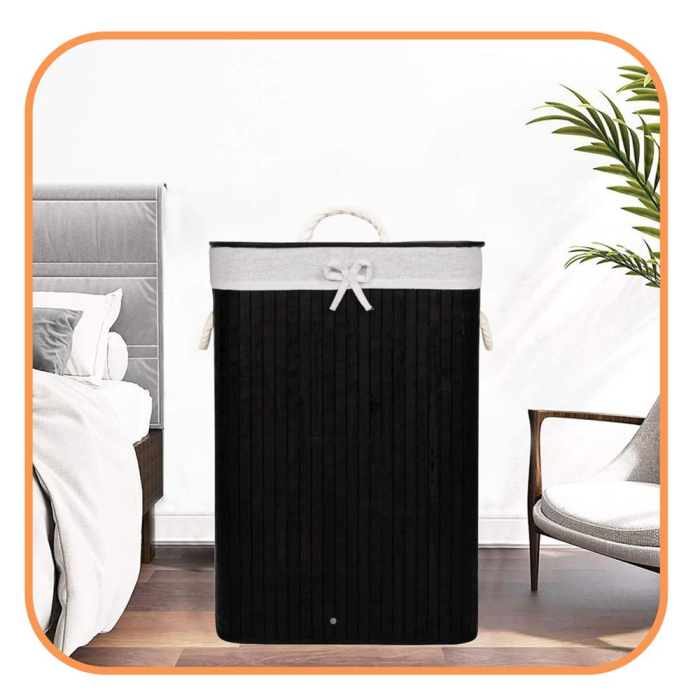 Cos de rufe cu capac, din bambus cu sac textil detasabil, 72 litri, 40x30x60 cm, negru [5]