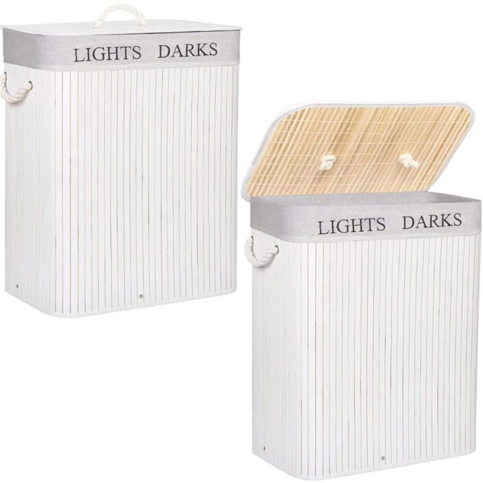 Cos de rufe cu capac si 2 compartimente, sac textil detasabil, 100 litri, 52x33x63 cm, alb si bej [2]