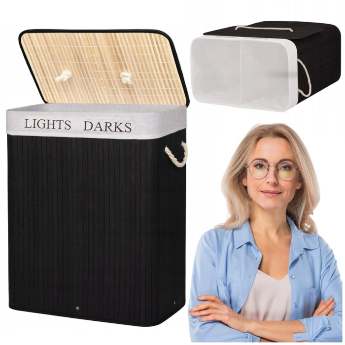 Cos de rufe cu capac si 2 compartimente, sac textil detasabil, 100 litri, 52x33x63 cm, negru [7]