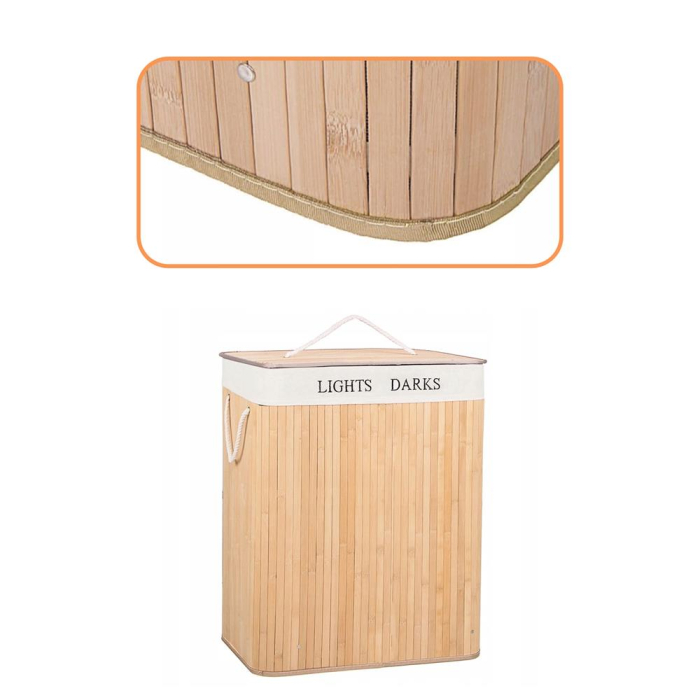 Cos de rufe cu capac si 2 compartimente, sac textil detasabil, 105 litri, 52x33x63 cm, bambus natural [2]