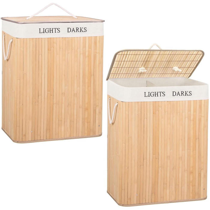 Cos de rufe cu capac si 2 compartimente, sac textil detasabil, 105 litri, 52x33x63 cm, bambus natural [10]