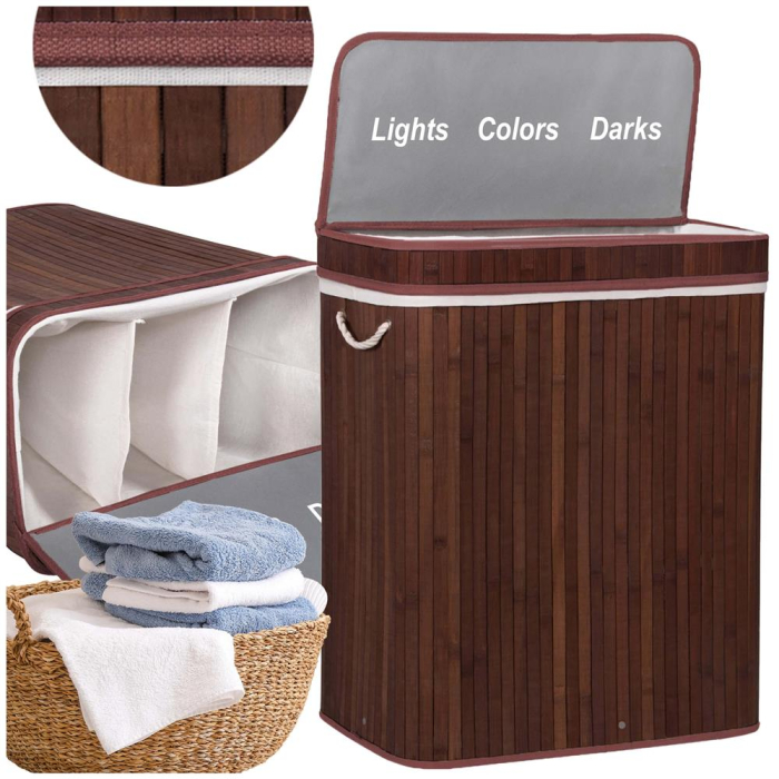 Cos de rufe cu capac si 3 compartimente, sac textil detasabil, 100 litri, 51x32x63 cm, maro [10]