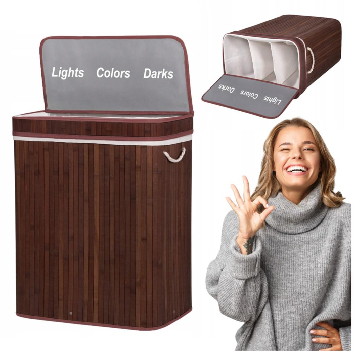 Cos de rufe cu capac si 3 compartimente, sac textil detasabil, 100 litri, 51x32x63 cm, maro [3]