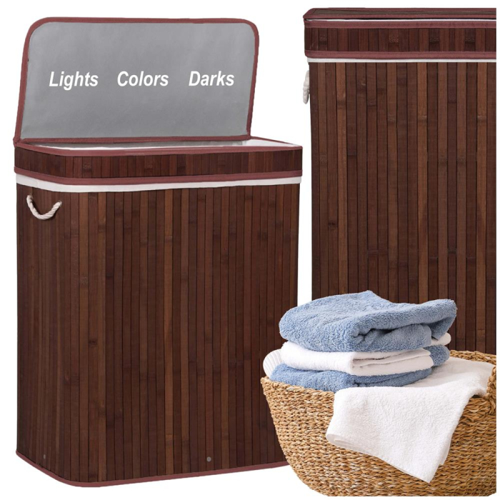 Cos de rufe cu capac si 3 compartimente, sac textil detasabil, 100 litri, 51x32x63 cm, maro [9]