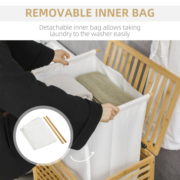 Cos de Rufe cu Sipci din Bambus si Material Textil cu Capac si Sac detasabil pentru Baie si Dormitor, 50x36x60 cm, culoare Lemn natur [5]