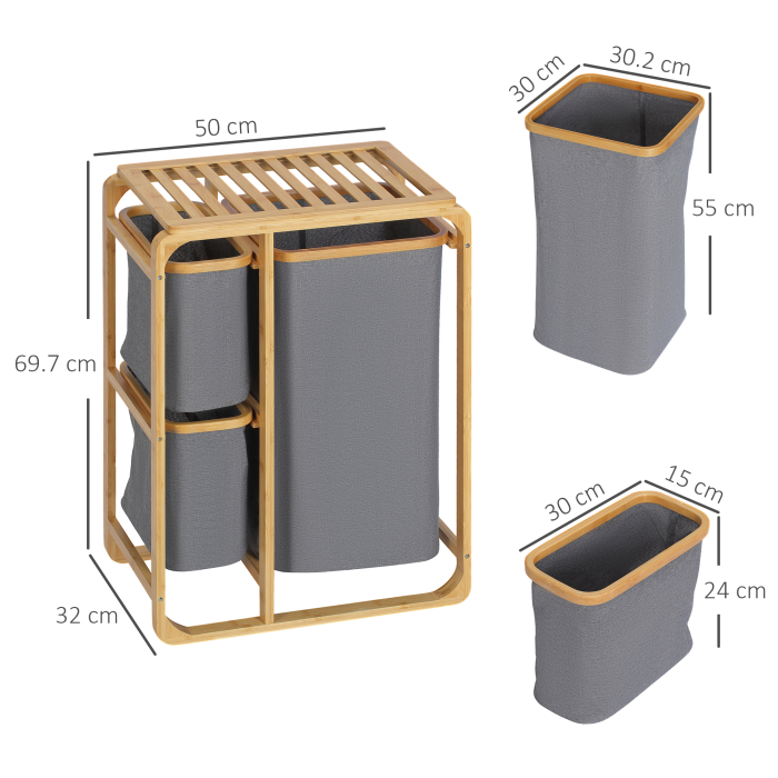  Cos de rufe din bambus , cos de rufe cu 3 pungi glisante din material textil si raft deschis, cos de spalat cu 3 sectiuni, economiseste spatiu, natural [3]