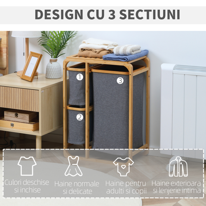  Cos de rufe din bambus , cos de rufe cu 3 pungi glisante din material textil si raft deschis, cos de spalat cu 3 sectiuni, economiseste spatiu, natural [6]