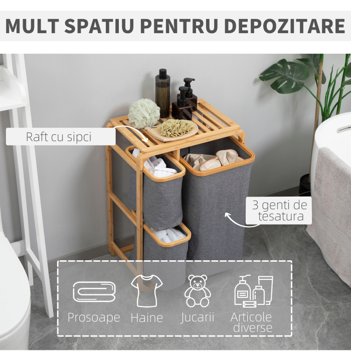  Cos de rufe din bambus , cos de rufe cu 3 pungi glisante din material textil si raft deschis, cos de spalat cu 3 sectiuni, economiseste spatiu, natural [4]