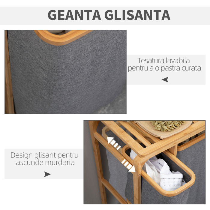  Cos de rufe din bambus , cos de rufe cu 3 pungi glisante din material textil si raft deschis, cos de spalat cu 3 sectiuni, economiseste spatiu, natural [5]