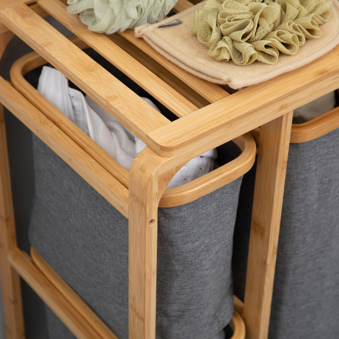  Cos de rufe din bambus , cos de rufe cu 3 pungi glisante din material textil si raft deschis, cos de spalat cu 3 sectiuni, economiseste spatiu, natural [8]