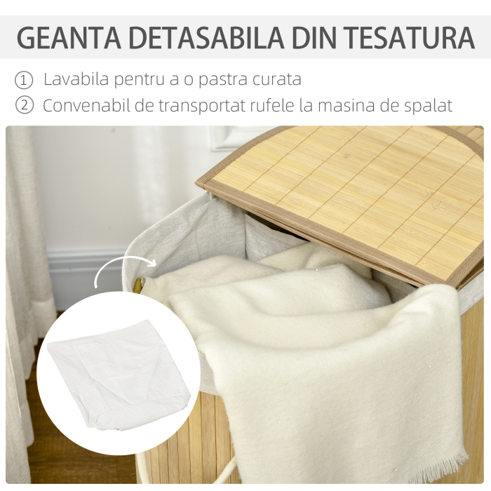  Cos de rufe din bambus cu capac, 100 litri cu 2 sectiuni, captuseala detasabila lavabila, 62,5 x 37 x 60,5 cm, natural [5]
