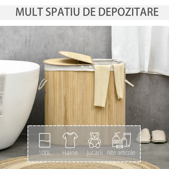  Cos de rufe din bambus cu capac, 100 litri cu 2 sectiuni, captuseala detasabila lavabila, 62,5 x 37 x 60,5 cm, natural [4]