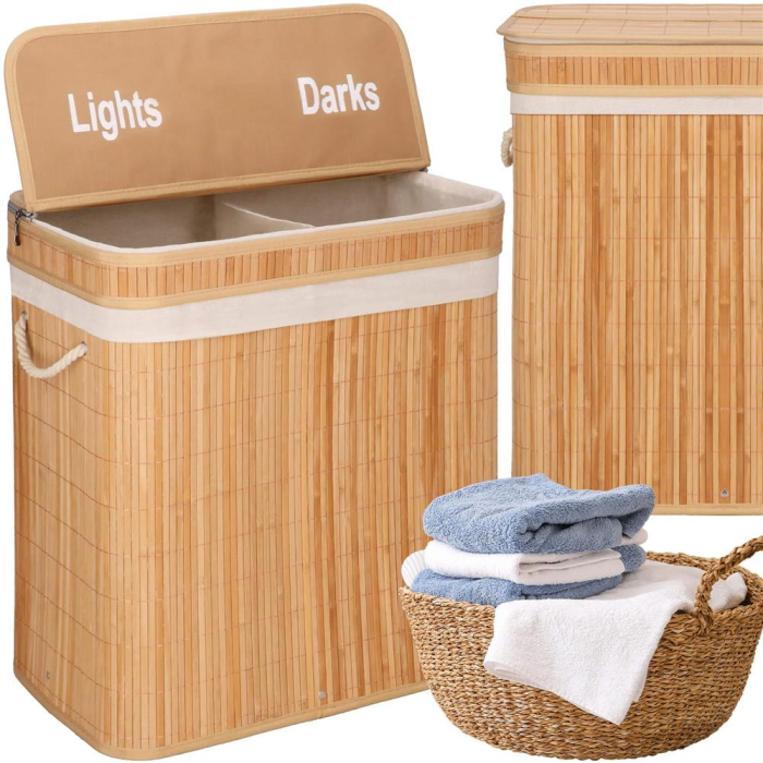 Cos de rufe din bambus cu capac, 2 compartimente, sac detasabil, volum 100L, 53x32x62cm, maro [2]