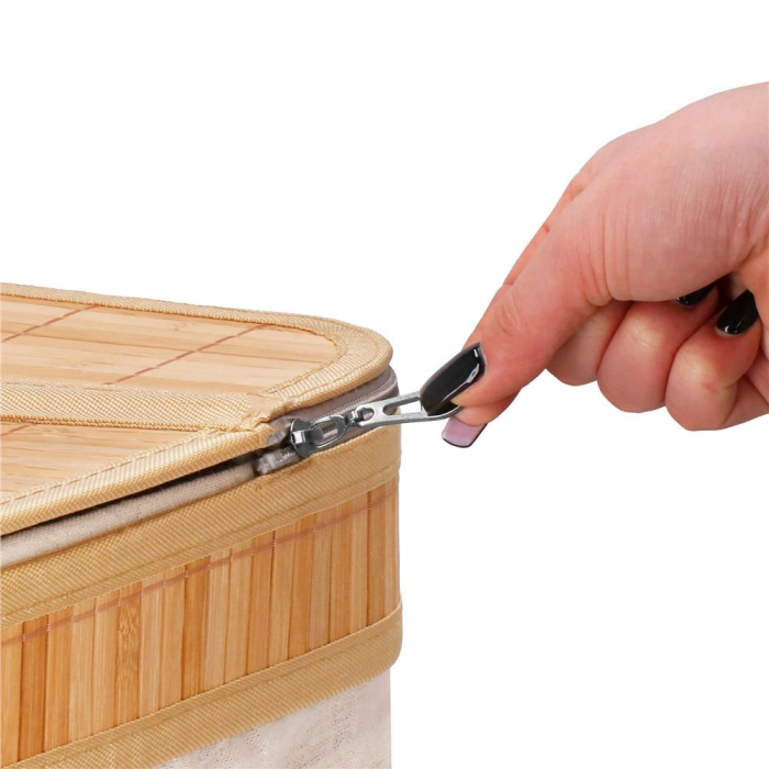 Cos de rufe din bambus cu capac, 2 compartimente, sac detasabil, volum 100L, 53x32x62cm, maro [9]