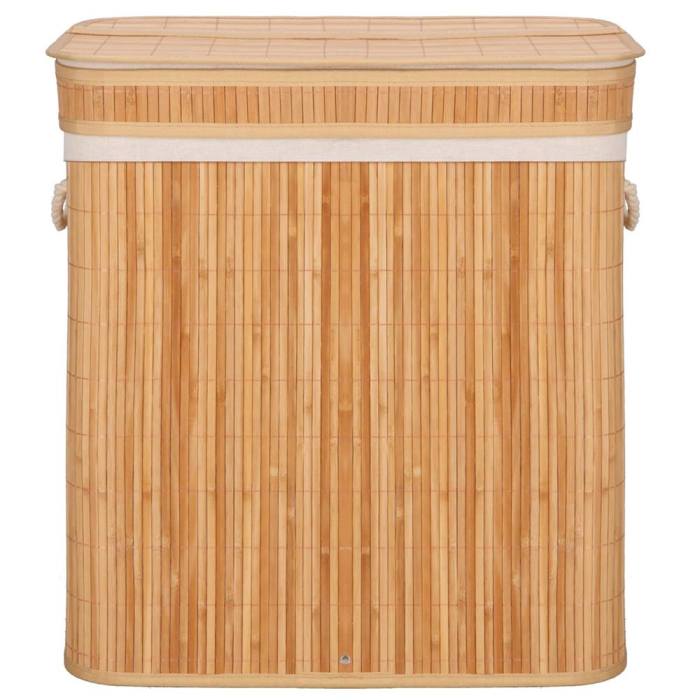 Cos de rufe din bambus cu capac, 2 compartimente, sac detasabil, volum 100L, 53x32x62cm, maro [13]