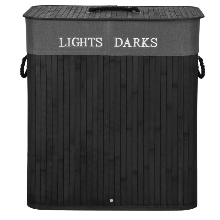 Cos de rufe din bambus cu capac, 2 compartimente, sac detasabil, volum 100L, 54x34x60cm, negru [21]