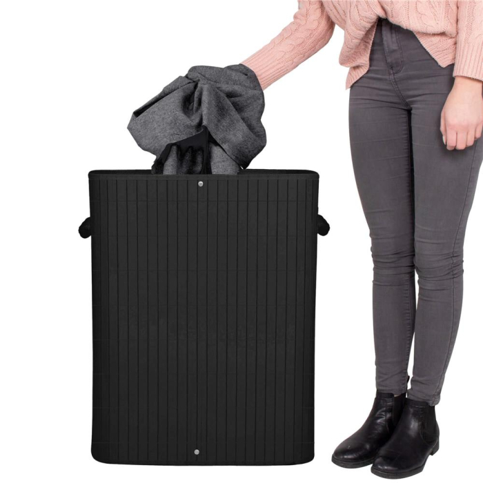 Cos de rufe din bambus cu capac, 2 compartimente, sac detasabil, volum 100L, 54x34x60cm, negru [12]