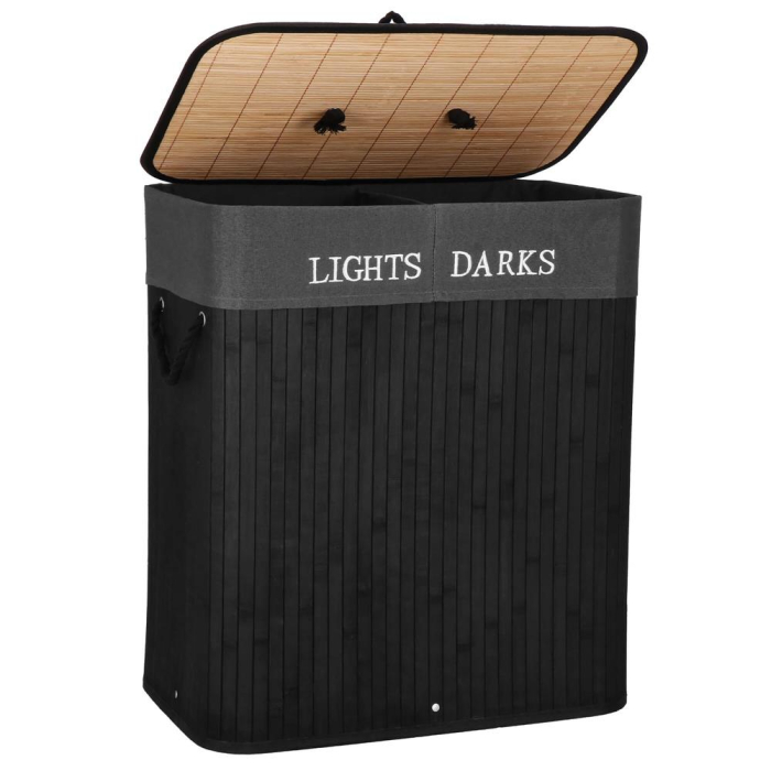 Cos de rufe din bambus cu capac, 2 compartimente, sac detasabil, volum 100L, 54x34x60cm, negru [1]