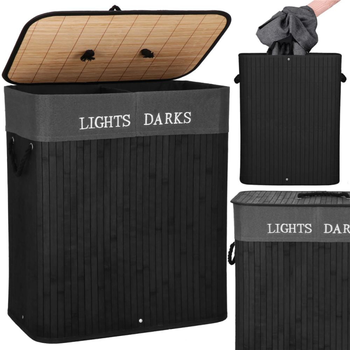 Cos de rufe din bambus cu capac, 2 compartimente, sac detasabil, volum 100L, 54x34x60cm, negru [9]