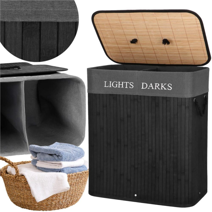 Cos de rufe din bambus cu capac, 2 compartimente, sac detasabil, volum 100L, 54x34x60cm, negru [6]