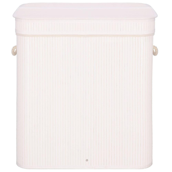 Cos de rufe din bambus cu capac, 2 compartimente, sac detasabil, volum 100L, 54x35x60cm, alb [10]